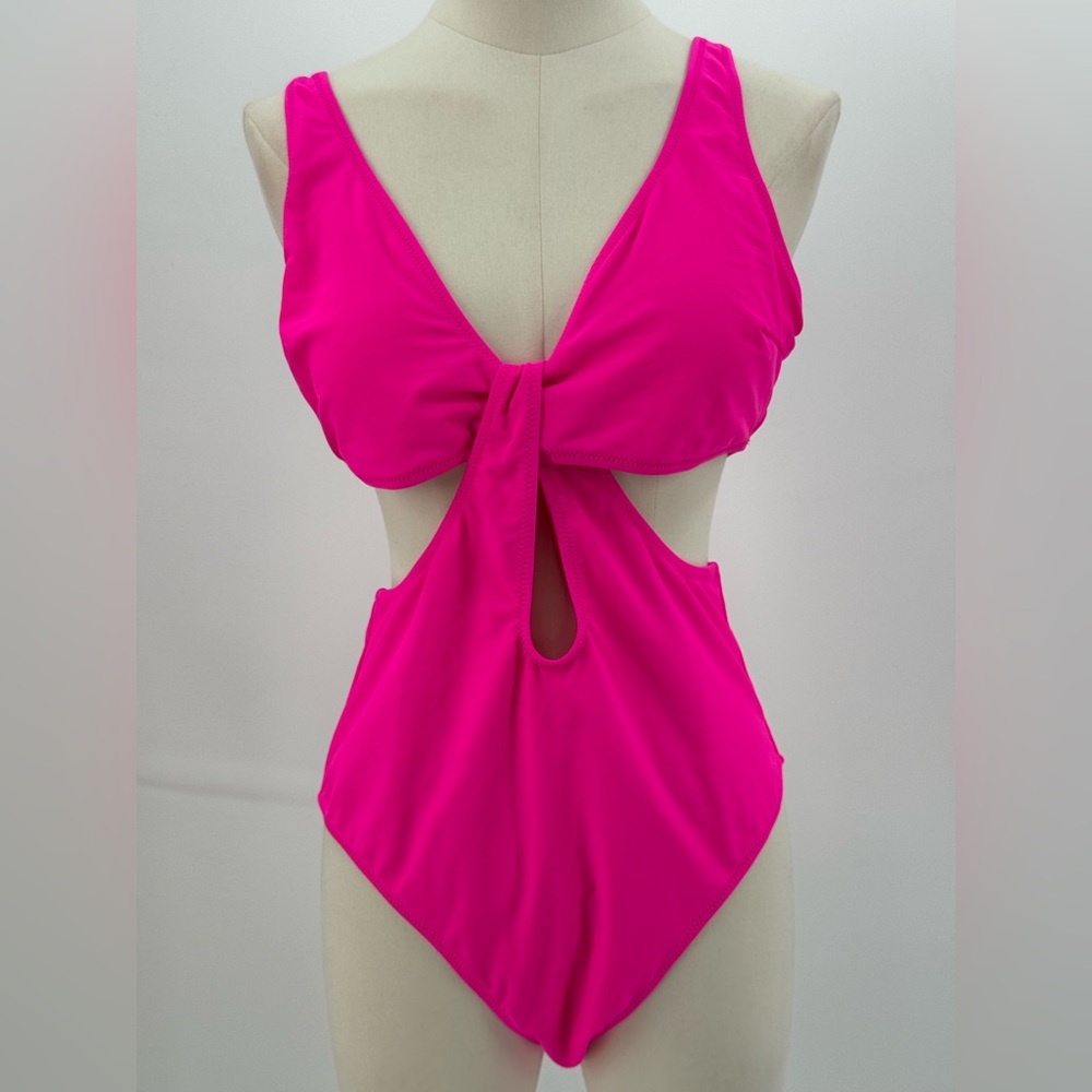 Live Life On The Beach Hot Pink Cut-Out One Piece Plunge Knot Front Swimwear - Picture 3 of 11
